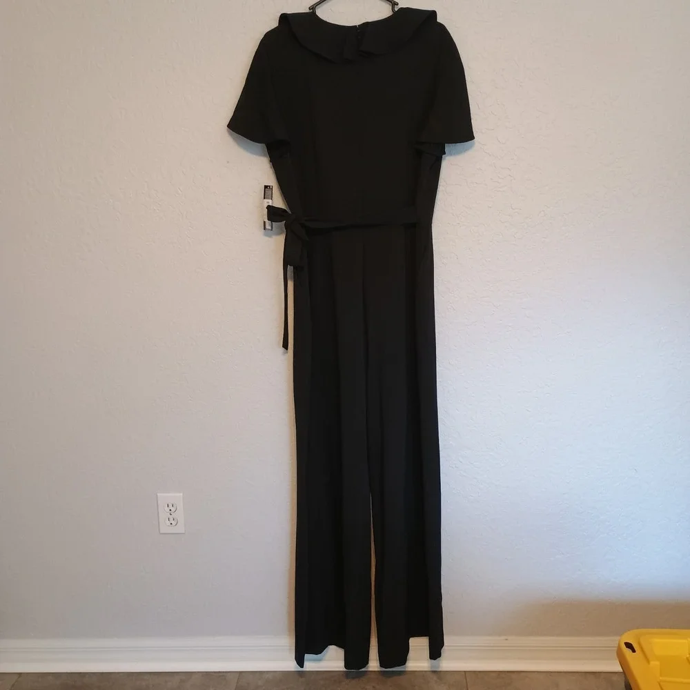 NWT Tahari Arthur S Levine Black Jumpsuit Size 16 Ruffle Wide Leg 8220M952